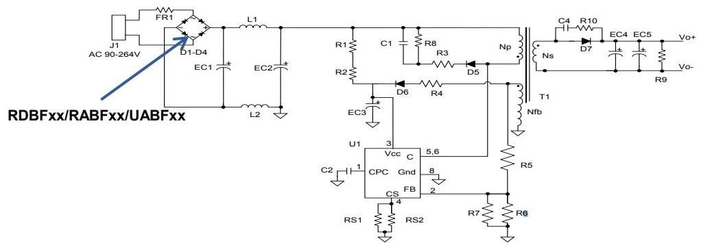 应用电路图 - Diodes Incorporated 小型表面贴装桥式整流器