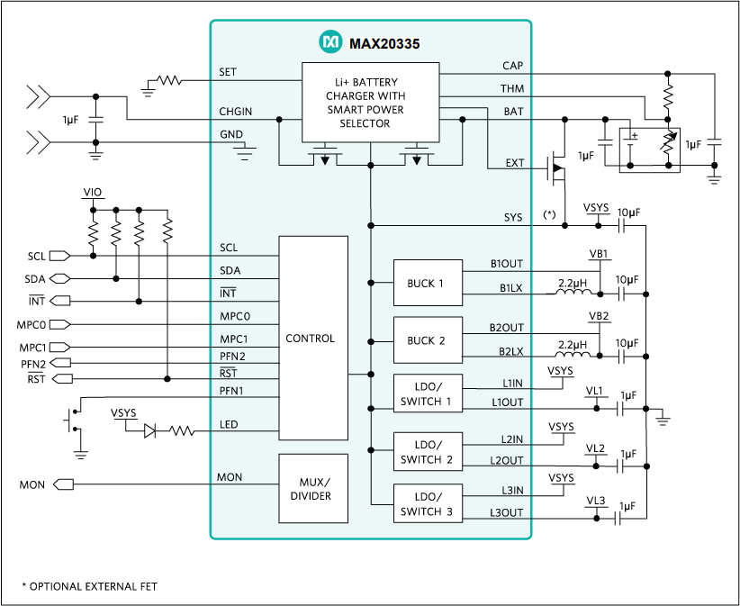 应用电路图 - Analog Devices / Maxim Integrated MAX20335可穿戴设备充电管理PMIC