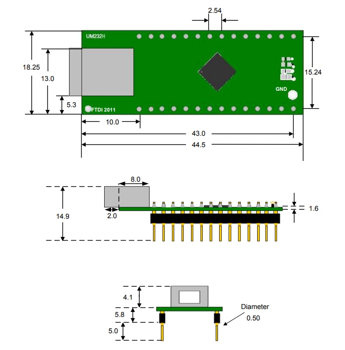 机械图纸 - FTDI Chip UM232H开发模块