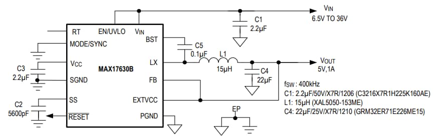 应用电路图 - Analog Devices / Maxim Integrated MAX17630同步降压直流-直流转换器