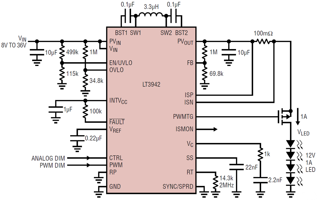 应用电路图 - Analog Devices Inc. LT3942同步降压-升压转换器