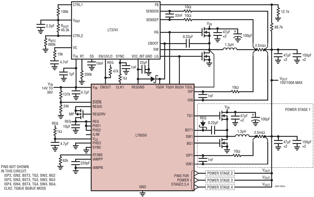 应用电路图 - Analog Devices Inc. LT8550 4相直流/直流扩展器
