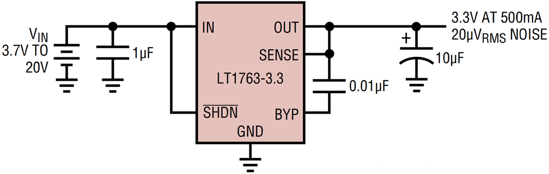 应用电路图 - Analog Devices Inc. LT1763微功率低压差稳压器