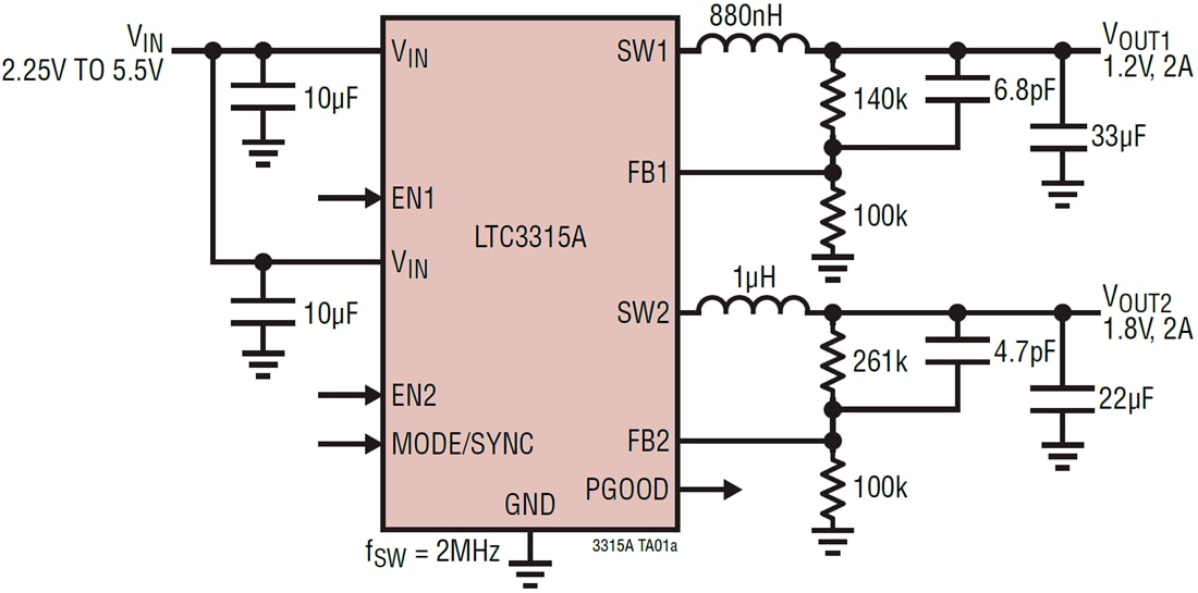 应用电路图 - Analog Devices Inc. LTC3315A和LTC3315B降压转换器