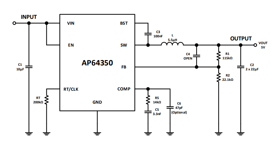 应用电路图 - Diodes Incorporated AP64350降压转换器