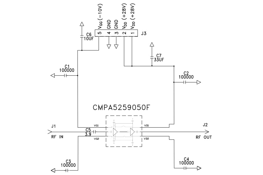 原理图 - MACOM CMPA5259050F-AMP演示放大器电路