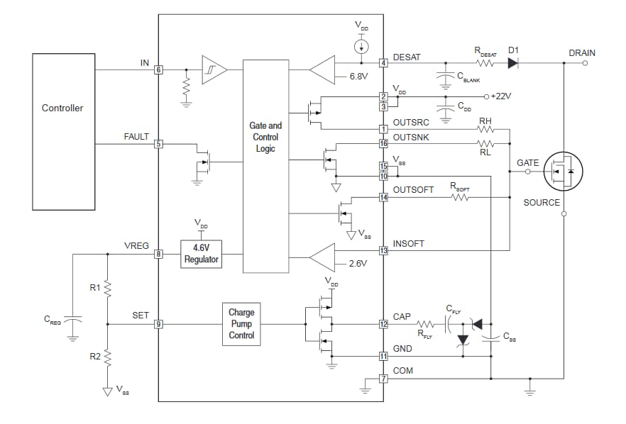 应用电路图 - IXYS IX4351NE 9A低侧SiC MOSFET和IGBT驱动器