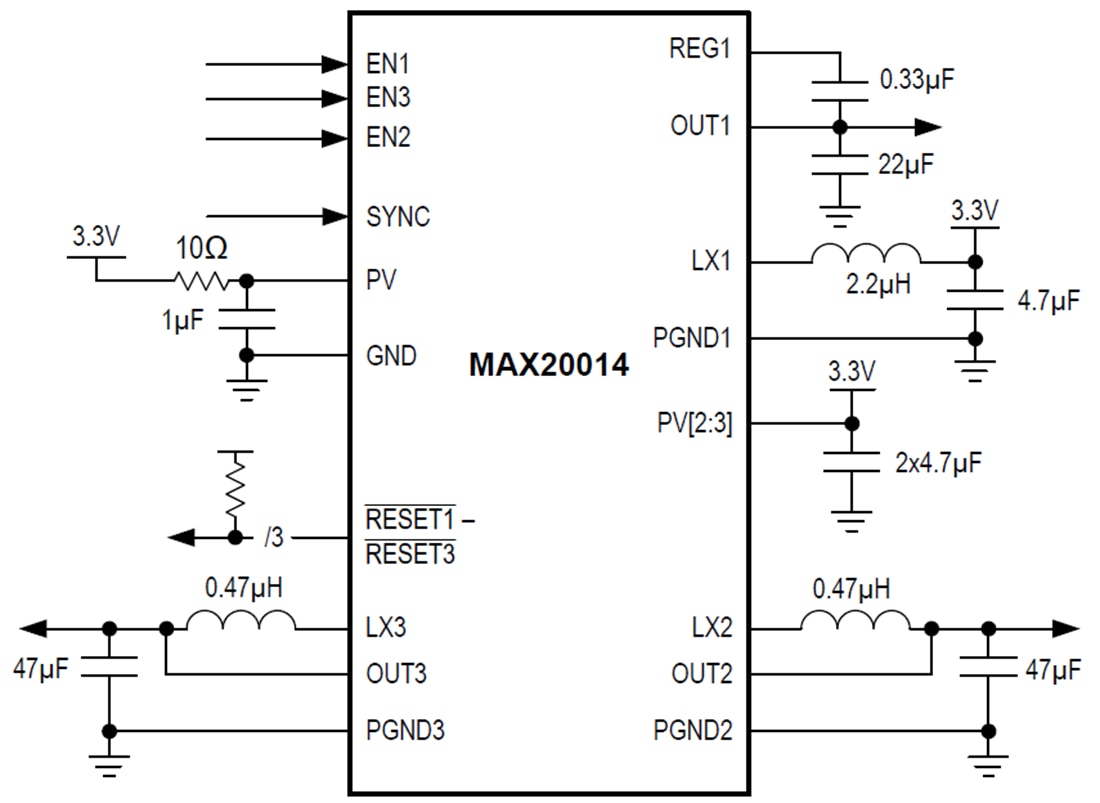 应用电路图 - Analog Devices / Maxim Integrated MAX20014升压、双通道降压转换器