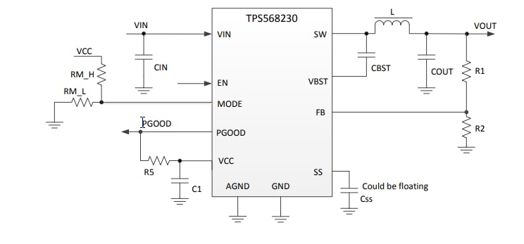 应用电路图 - Texas Instruments TPS568230同步降压稳压器