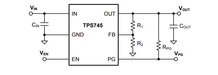 应用电路图 - Texas Instruments TPS745/TPS745-Q1可调节500mA LDO稳压器