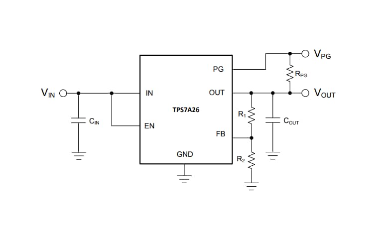 应用电路图 - Texas Instruments TPS7A26 LDO线性稳压器