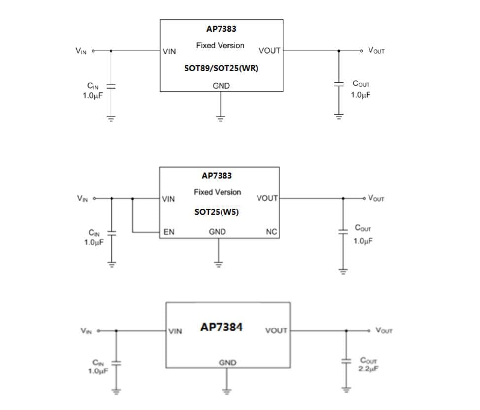 应用电路图 - Diodes Incorporated AP7383/AP7384微功率低压差稳压器