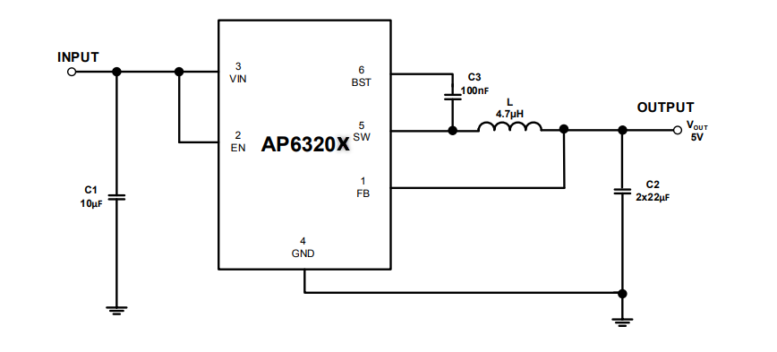 应用电路图 - Diodes Incorporated AP6320x同步降压转换器