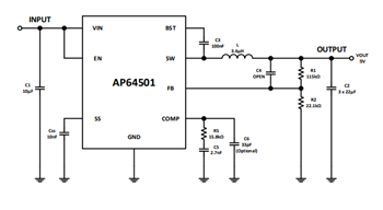 应用电路图 - Diodes Incorporated AP64500/AP64501直流-直流降压转换器