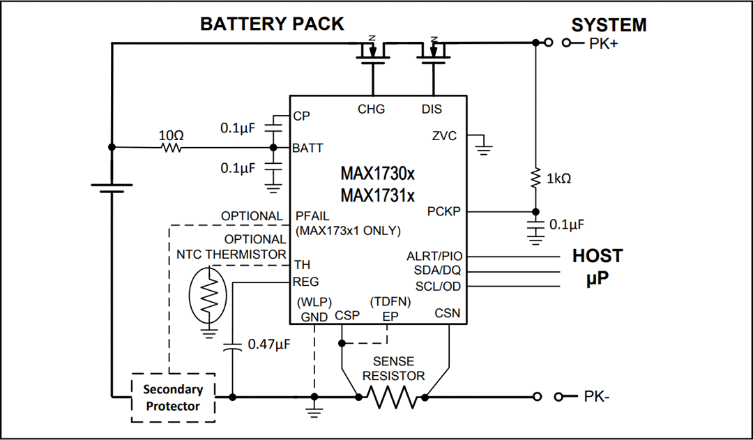 应用电路图 - Analog Devices / Maxim Integrated MAX17301–MAX17303/MAX17311–MAX17313电量计
