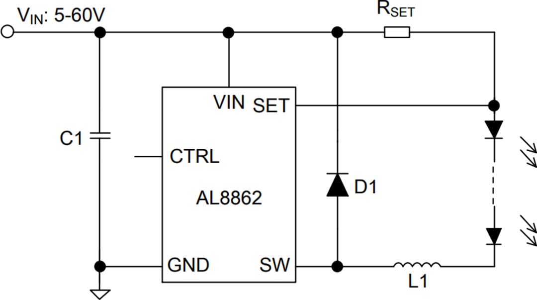 应用电路图 - Diodes Incorporated AL8862降压LED驱动器