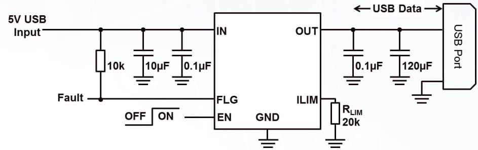 应用电路图 - Diodes Incorporated AP22652/3限流电源开关