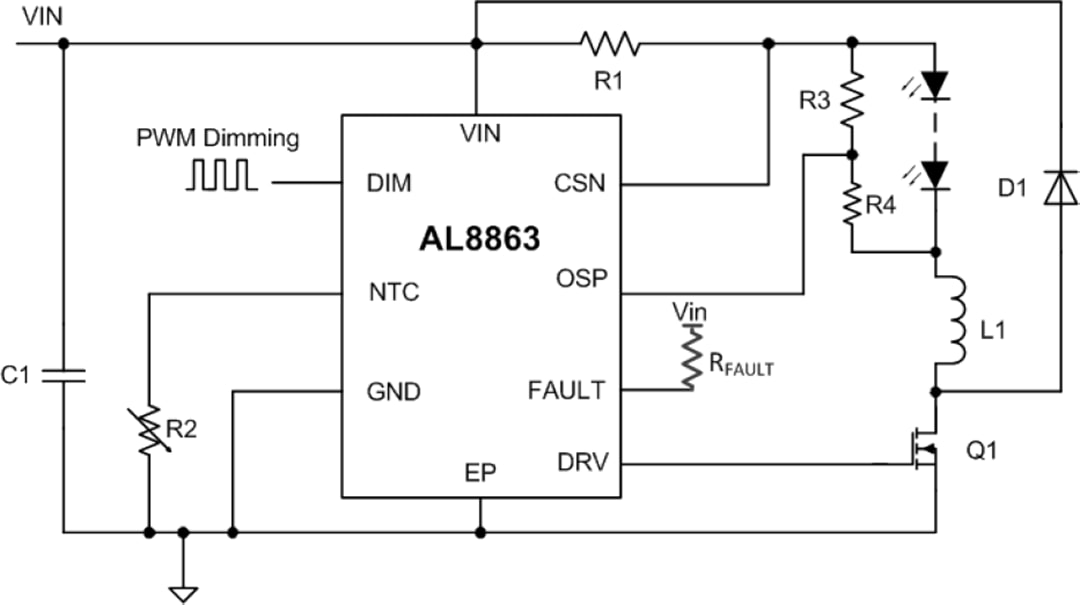 应用电路图 - Diodes Incorporated AL8863降压LED驱动器控制器