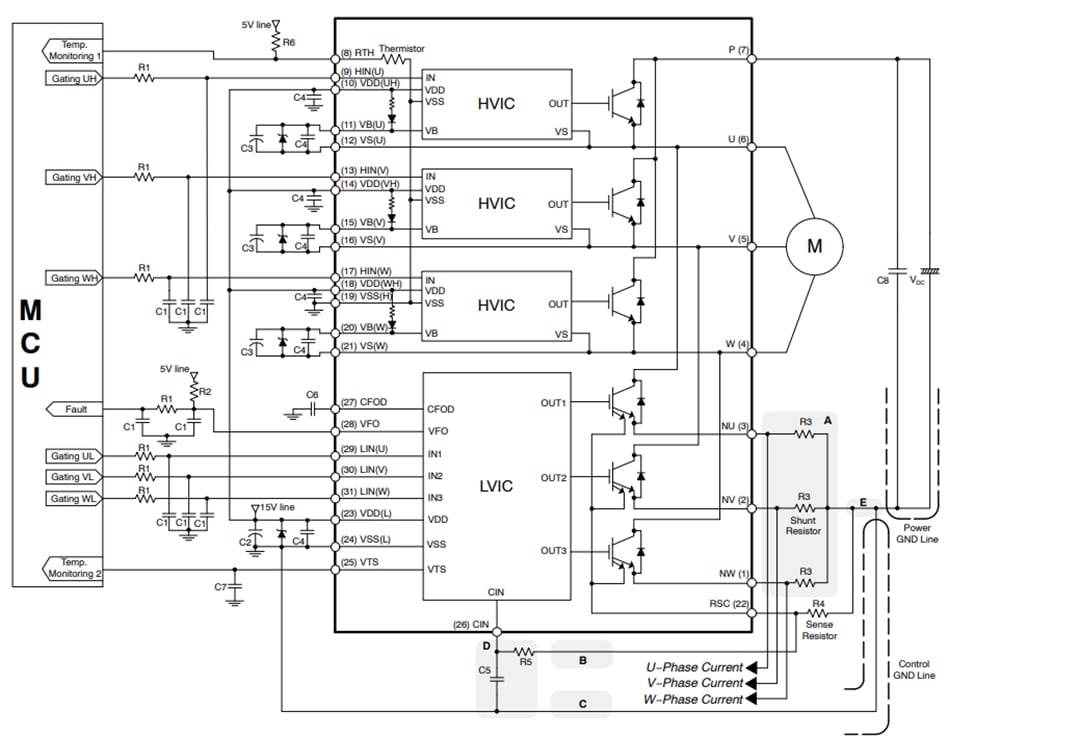应用电路图 - onsemi NFAL5065L4BT和NFAL7565L4BT SPM® 49功率模块