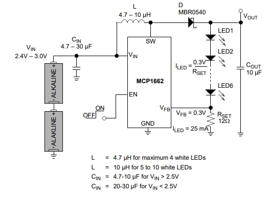 应用电路图 - Microchip Technology MCP1662 LED照明驱动器