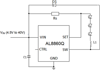 应用电路图 - Diodes Incorporated AL8860Q和AL8861Q汽车级LED驱动器