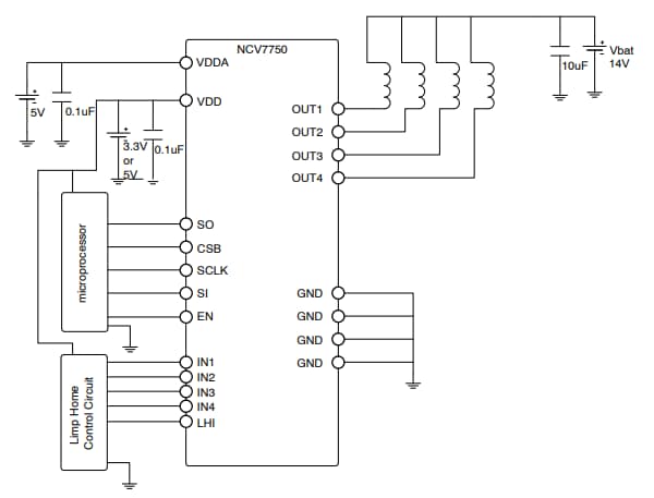 应用电路图 - onsemi NCV7750低侧继电器驱动器