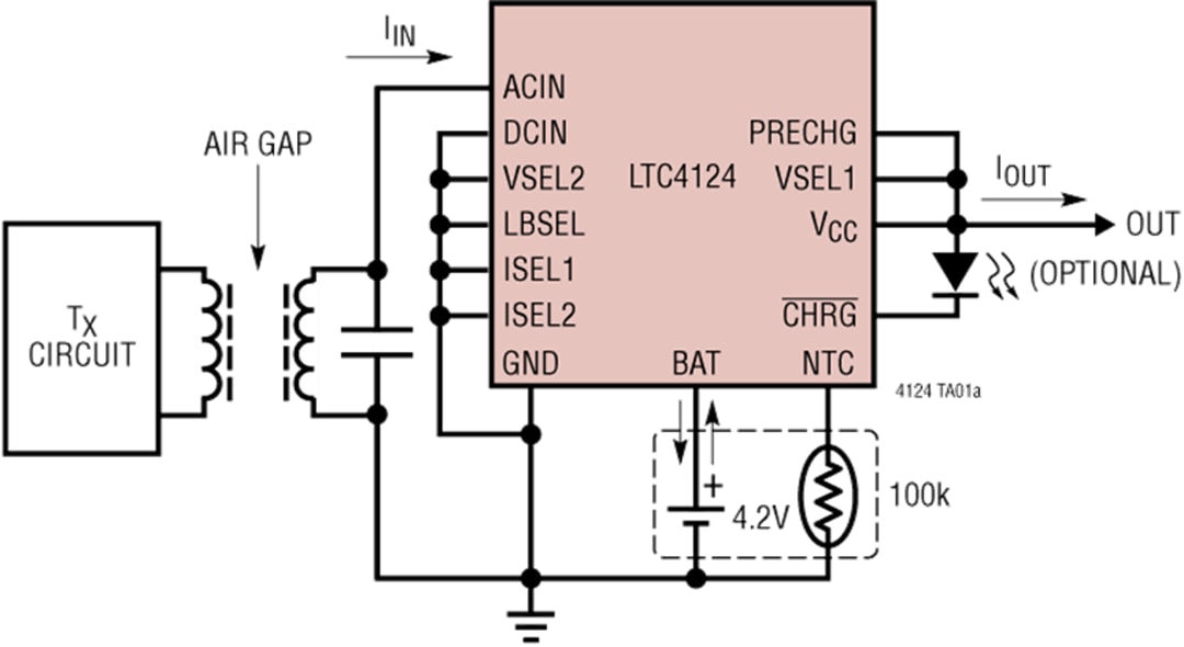 应用电路图 - Analog Devices Inc. LTC4124 100mA无线锂离子充电器