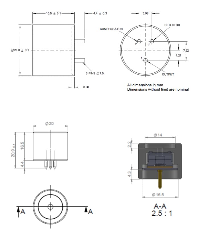机械图纸 - Amphenol SGX Sensortech VQ548MP2-DA催化可燃气体传感器