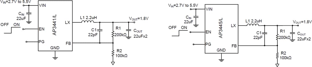应用电路图 - Diodes Incorporated AP3441/L和AP3445/L降压型直流-直流转换器