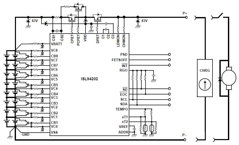 应用电路图 - Renesas Electronics ISL94202锂离子电池组监视器