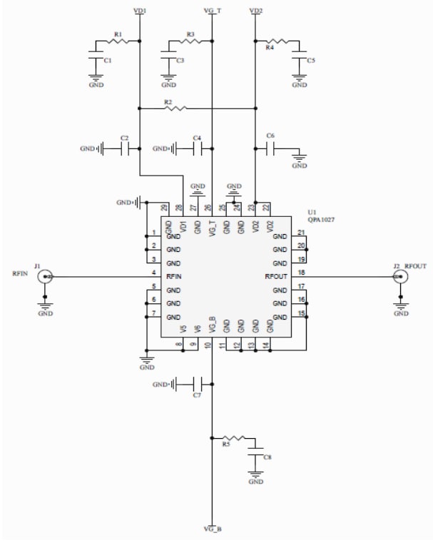 应用电路图 - Qorvo QPA1027 GaN功率放大器