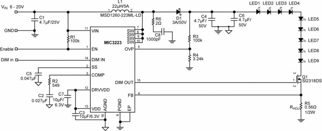 应用电路图 - Microchip Technology MIC3223大功率升压LED驱动器