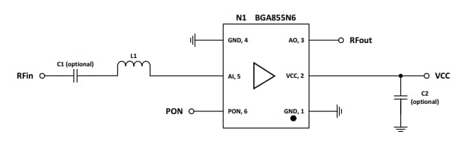 应用电路图 - Infineon Technologies BGA855N6低噪声射频放大器