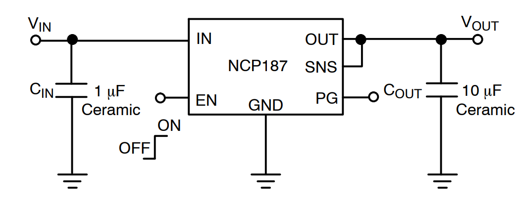 应用电路图 - onsemi NCP187 1.2A低压差线性稳压器
