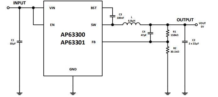 应用电路图 - Diodes Incorporated AP63300/01同步降压转换器