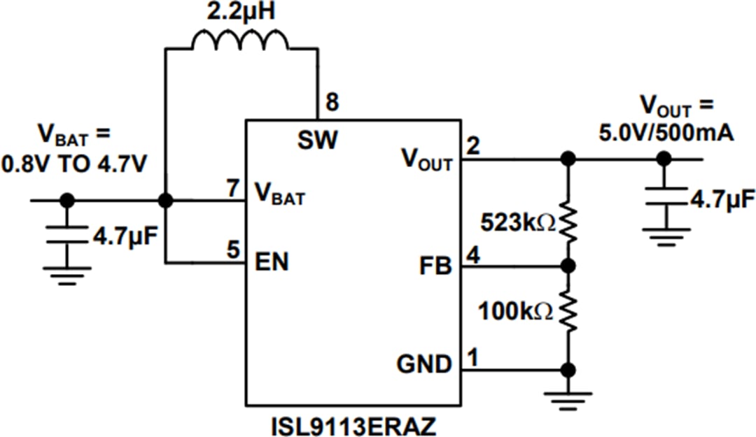 应用电路图 - Renesas Electronics ISL9113同步升压转换器