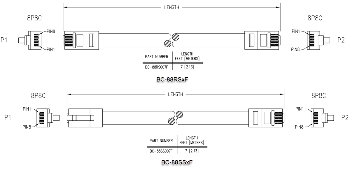 机械图纸 - Stewart Connector / Cinch Connectivity Solutions BC-88 RJ45跳线电缆