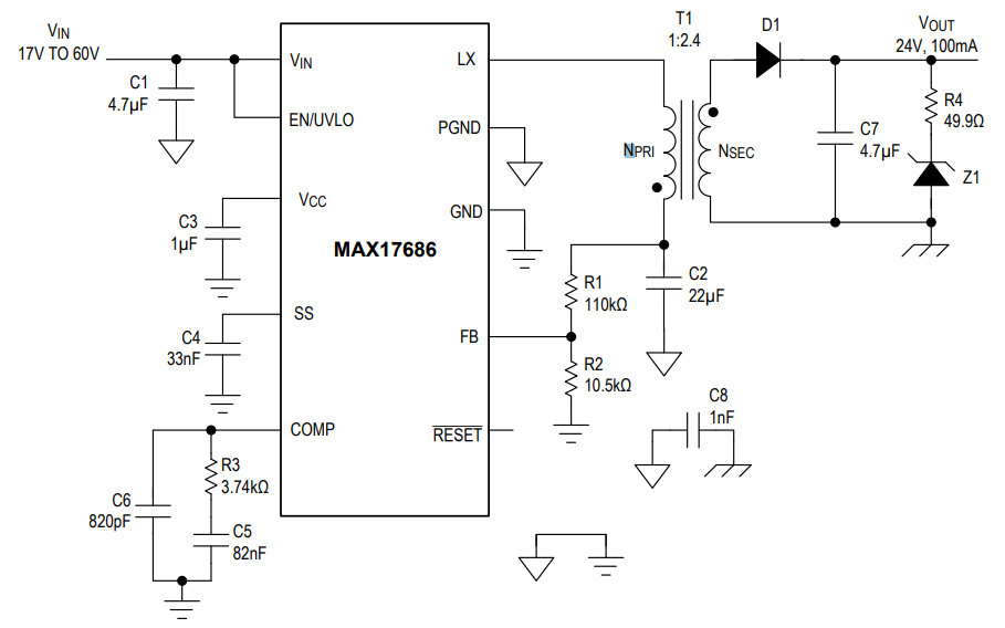应用电路图 - Analog Devices / Maxim Integrated MAX17686 Iso-Buck直流-直流转换器