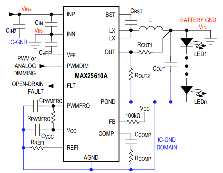 应用电路图 - Analog Devices / Maxim Integrated MAX25610x降压和降压-升压LED驱动器
