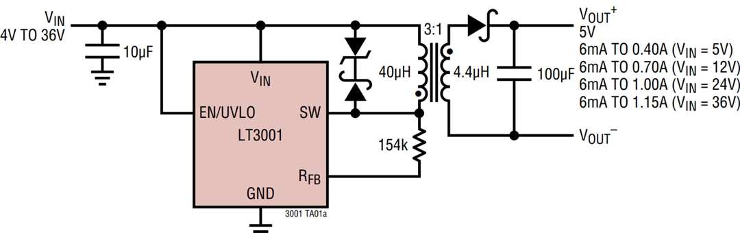 应用电路图 - Analog Devices Inc. LT3001隔离型反激式转换器