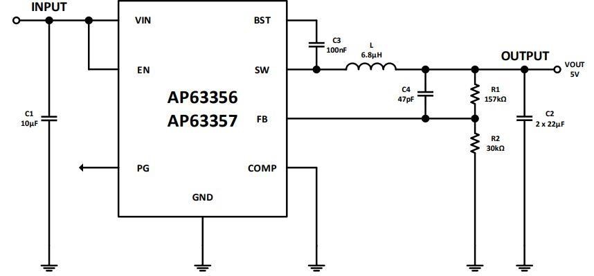 应用电路图 - Diodes Incorporated AP63356和AP63357同步降压转换器