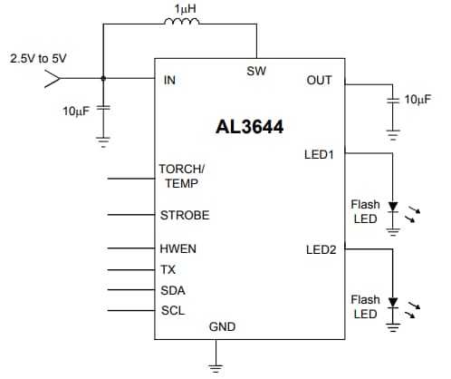 应用电路图 - Diodes Incorporated AL3644相机闪光灯LED驱动器