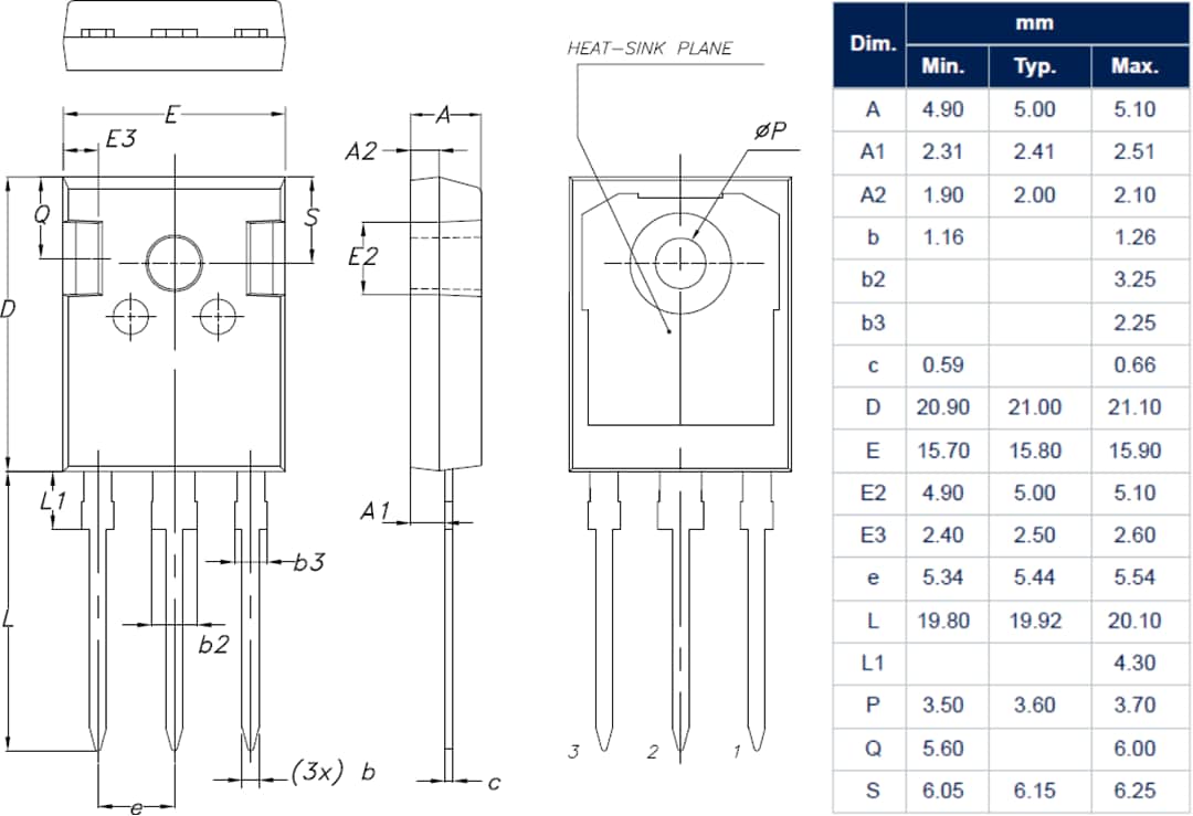 机械图纸 - STMicroelectronics STWA70N65DM6 N通道650V 68A功率MOSFET