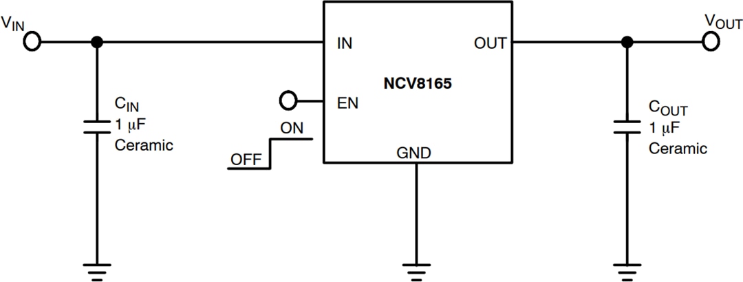 应用电路图 - onsemi NCV8165 500mA LDO线性稳压器