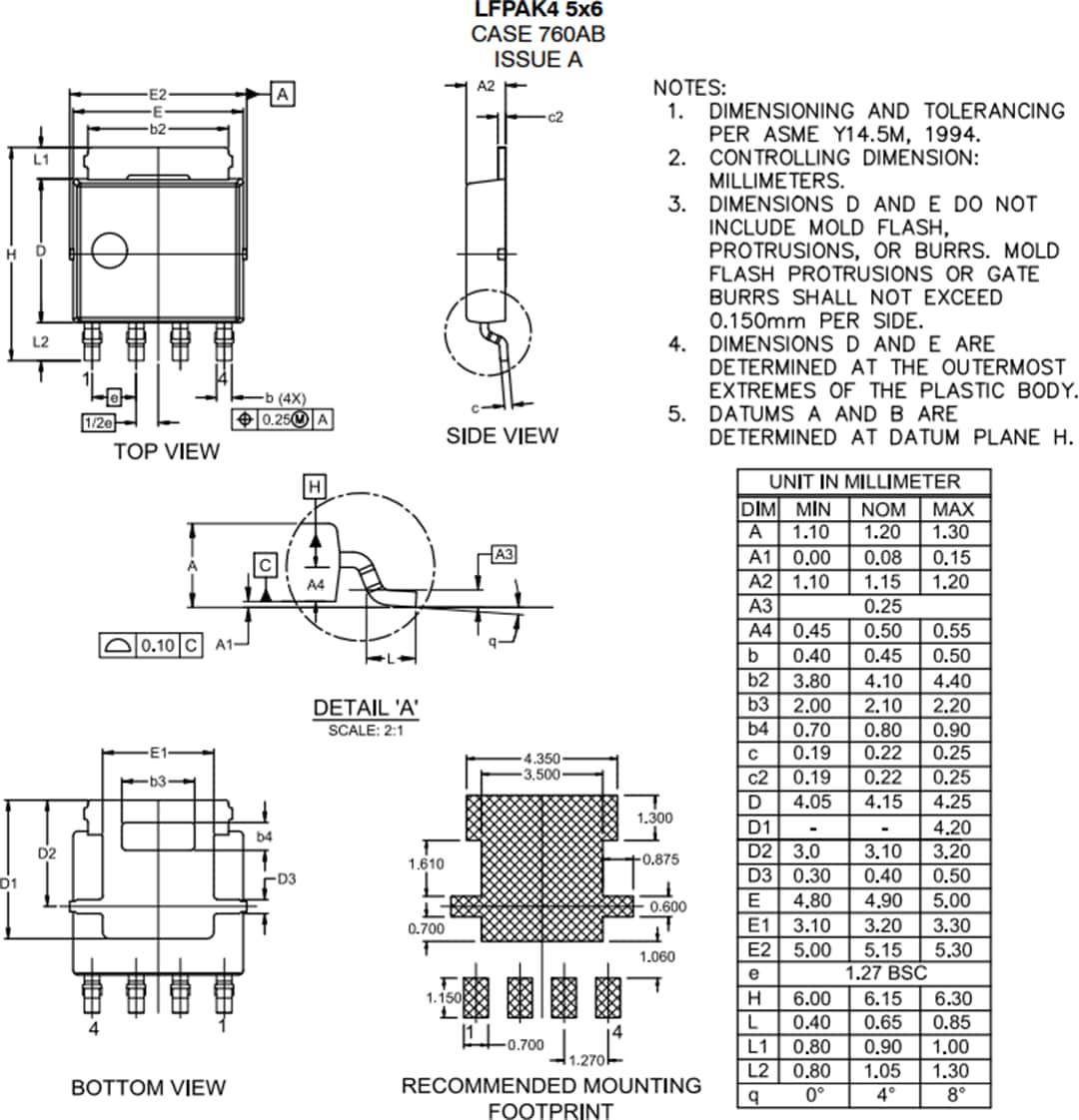 机械图纸 - onsemi LFPAK4汽车用功率MOSFET