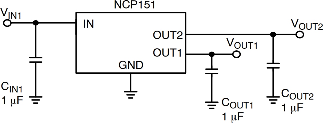 应用电路图 - onsemi NCP151 LDO稳压器