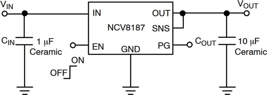 应用电路图 - onsemi NCV8187 1.2A LDO线性稳压器