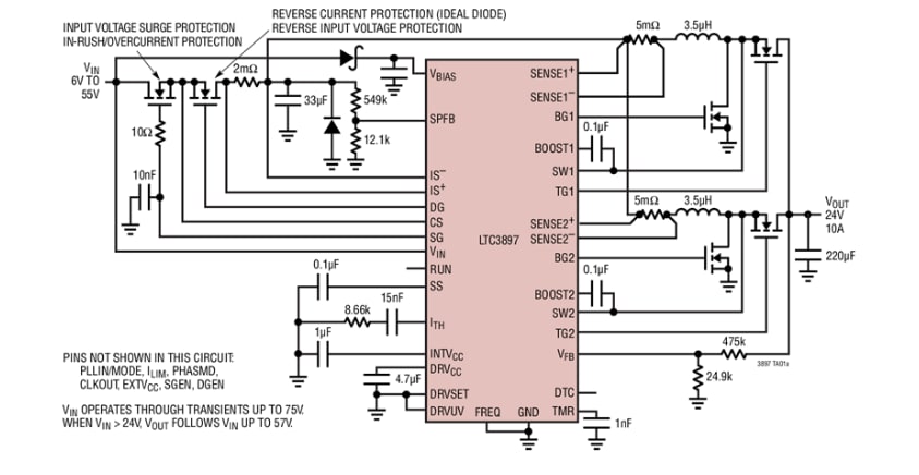 应用电路图 - Analog Devices Inc. LTC3897 PolyPhase™同步升压控制器