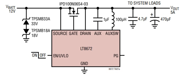 应用电路图 - Analog Devices Inc. LT8672有源整流器控制器
