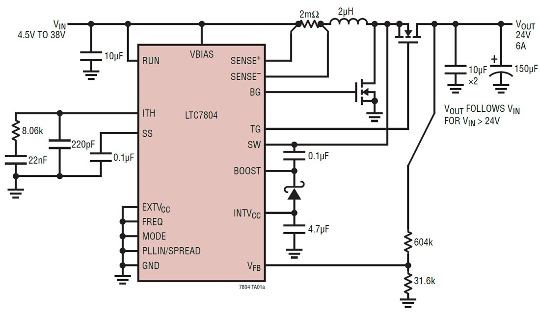 应用电路图 - Analog Devices Inc. LTC7804低IQ同步升压控制器